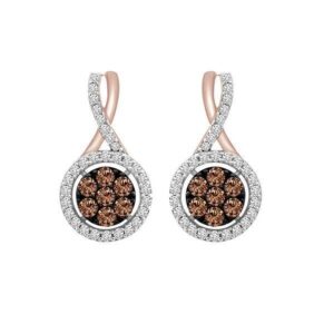 LADIES EARRINGS 0.75CT ROUND DARK BROWN DIAMOND 10K ROSE GOLD