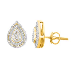 LADIES STUD EARRINGS 0.50CT ROUND/BAGUETTE DIAMOND 10K YELLOW GOLD