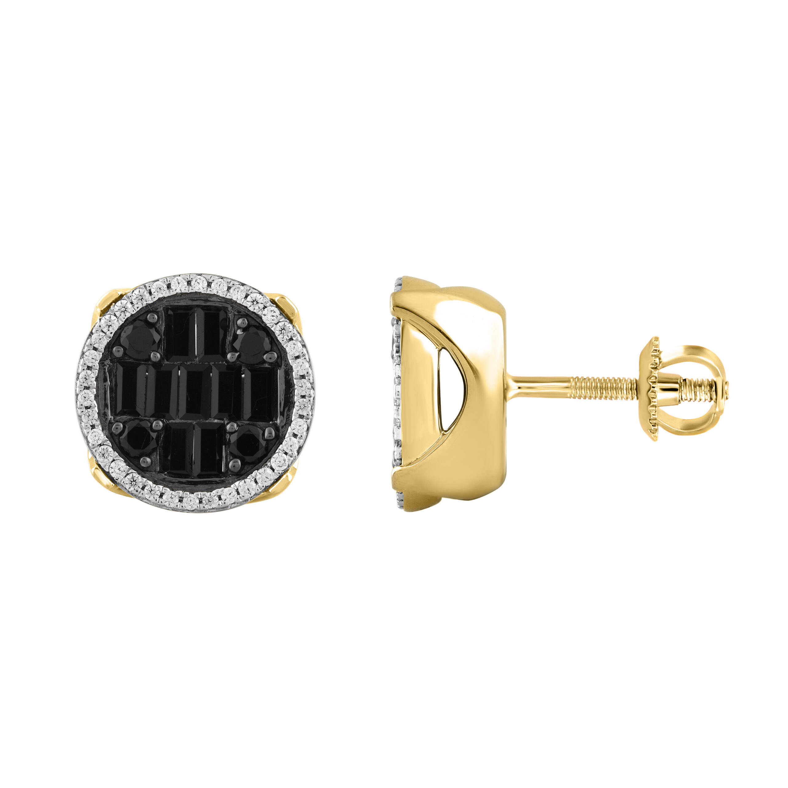 324645Y.jpg MEN'S EARRINGS 1.25CT ROUND/BLACK/BAGUETTE DIAMOND 10K YELLOW GOLD - Image 1