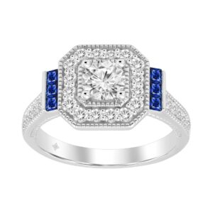 LADIES RING 1CT ROUND/PRINCESS/BLUE SAPHIRE DIAMOND 14K WHITE GOLD (CENTER STONE PRINCESS DIAMOND 1/6CT )