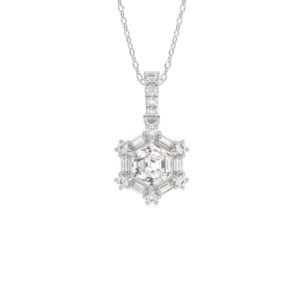 14K WHITE GOLD 1.00CT ROUND/BAGUETTE/HEZAGON STEP CUT DIAMOND LADIES PENDANT