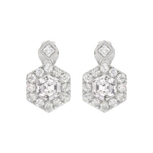 14KWHITE GOLD 2 1/4CT ROUND/HEXAGON STEP CUT DIAMOND LADIES EARRINGS